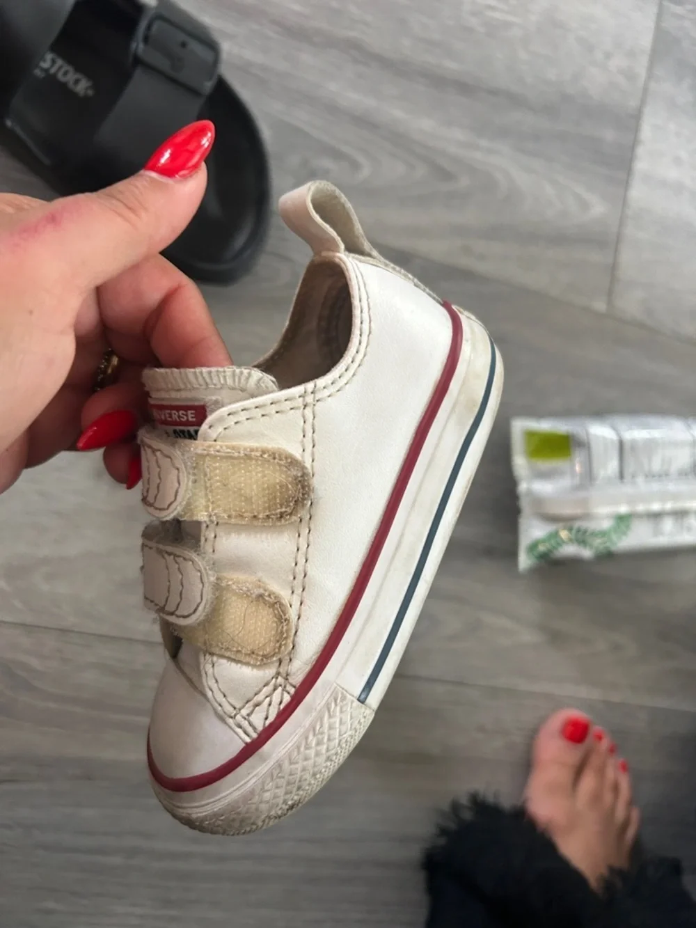 Converse Kids White Sneakers with Red Trim Velcro